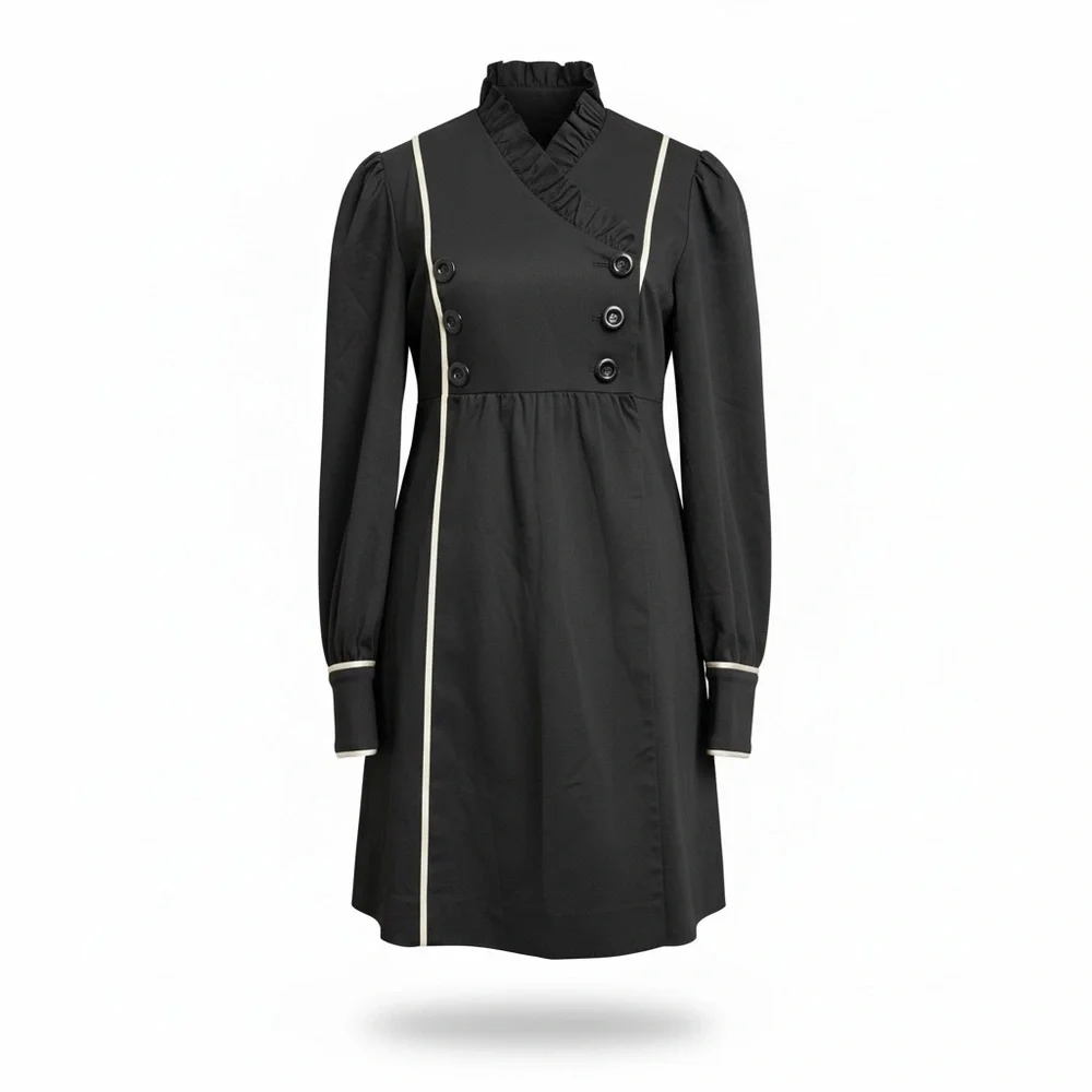 Betsey Johnson Black Dress Coat White Piping Princess Structured Size 10 - Picture 12 of 13